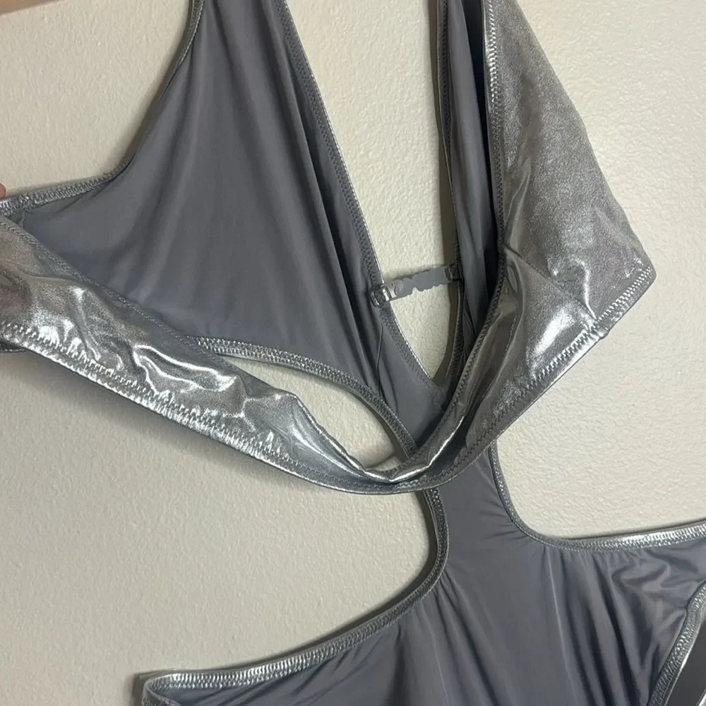 Skims metallic swim halter monokini in nickel swimsuit one piece 2X
